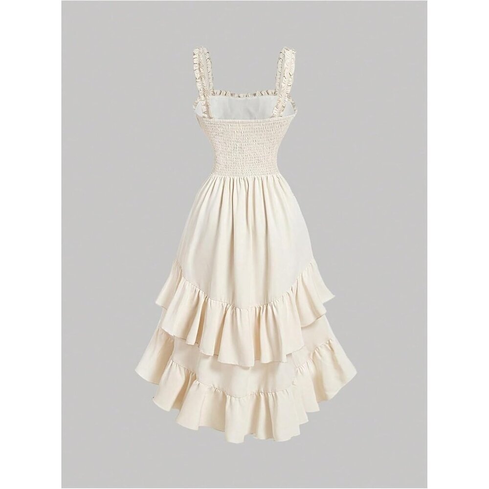 Women's Pure Apricot Layered Ruffle Hem Sleeveless Ruched Long Party Dresses - Picture 2 of 4